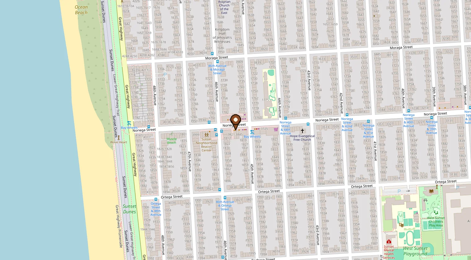 Street map of the Outer Sunset with Maillards marked at 3821 Noriega St